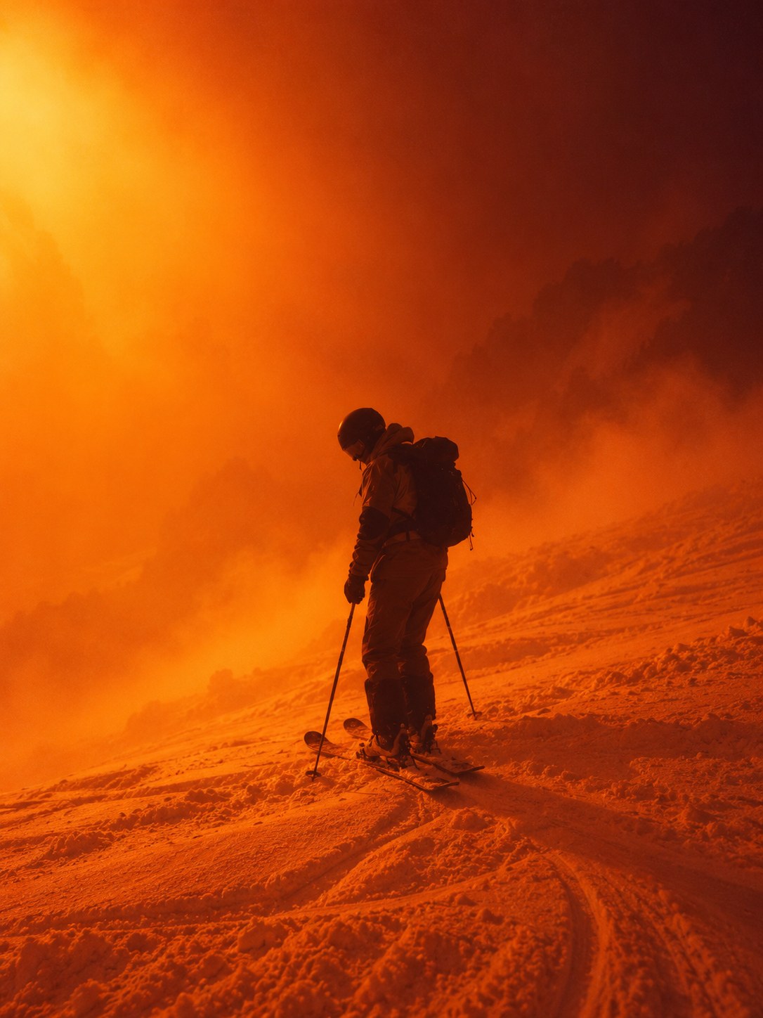 Skier in orange fog at dusk