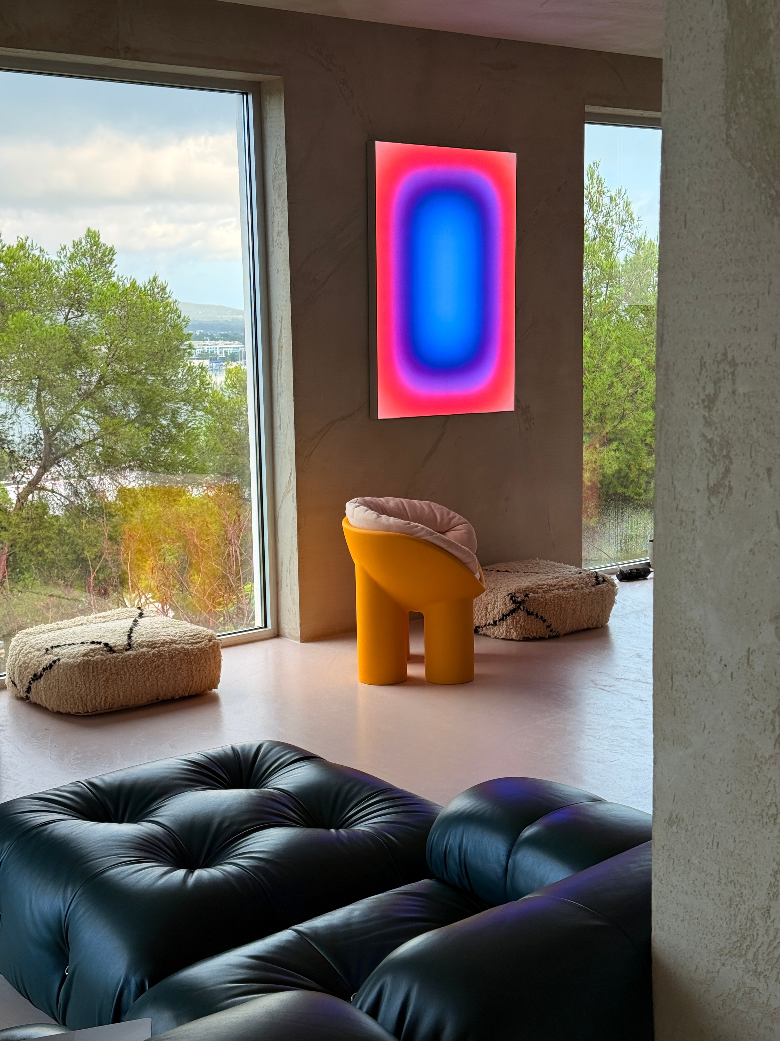 AURORA PILL lightbox by Luis West in Ibiza, canvas lit from within in an aluminium frame