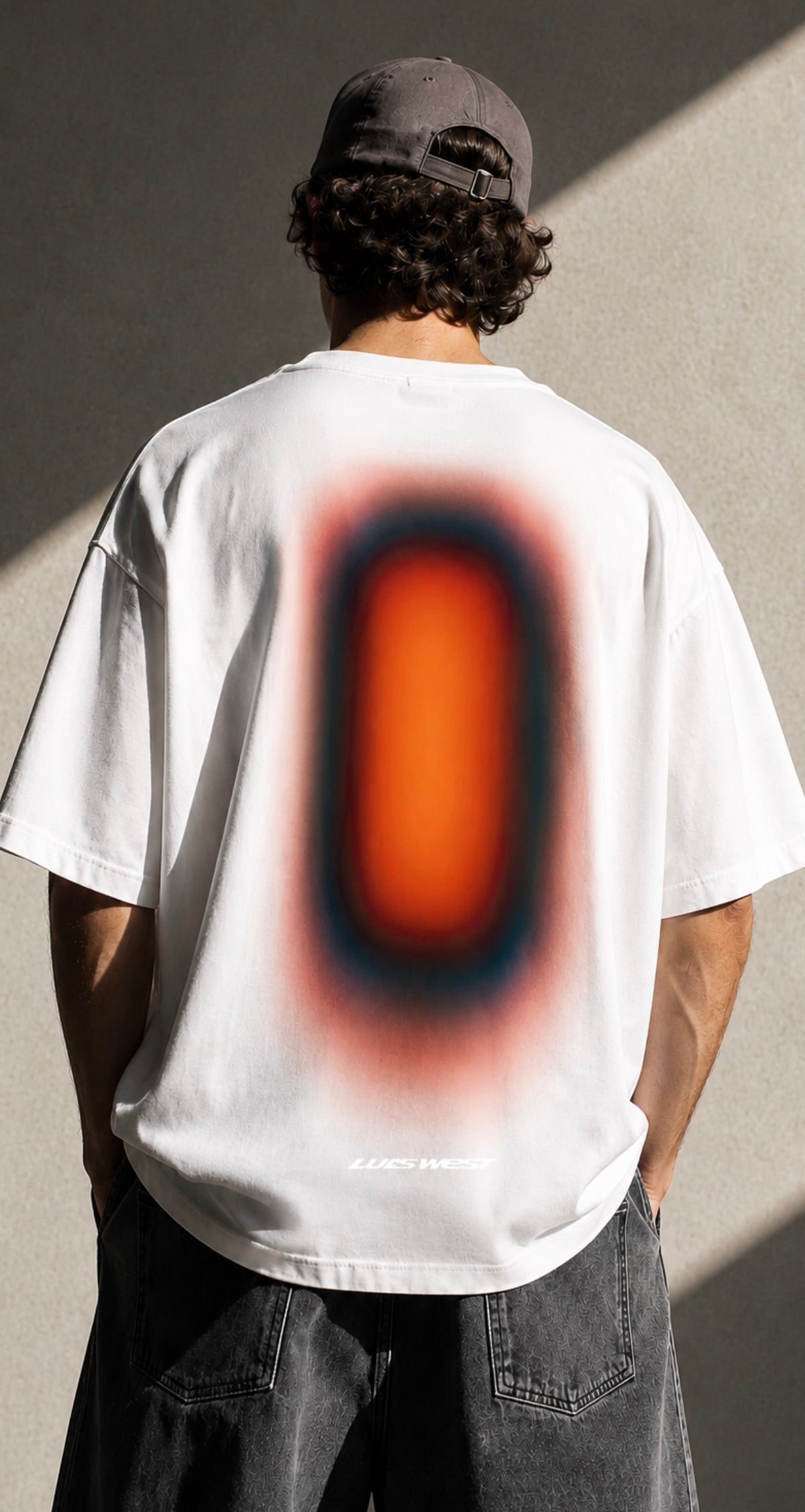 OCEAN SUNRISE T-SHIRT by Luis West, back: the OCEAN SUNRISE pill, glowing orange and fading out through deep blue