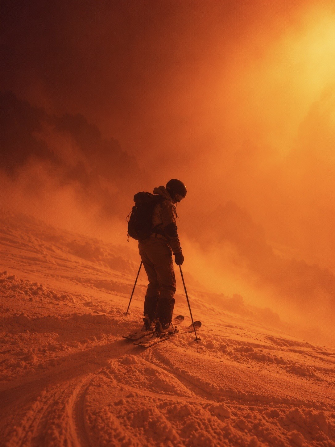 Skier on a slope in orange light