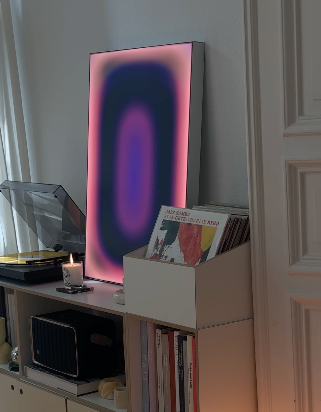 PURPLE APRICOT PILL | 60x84 cm — LIGHTBOX by Luis West, canvas lit from within, brushed aluminium LED frame