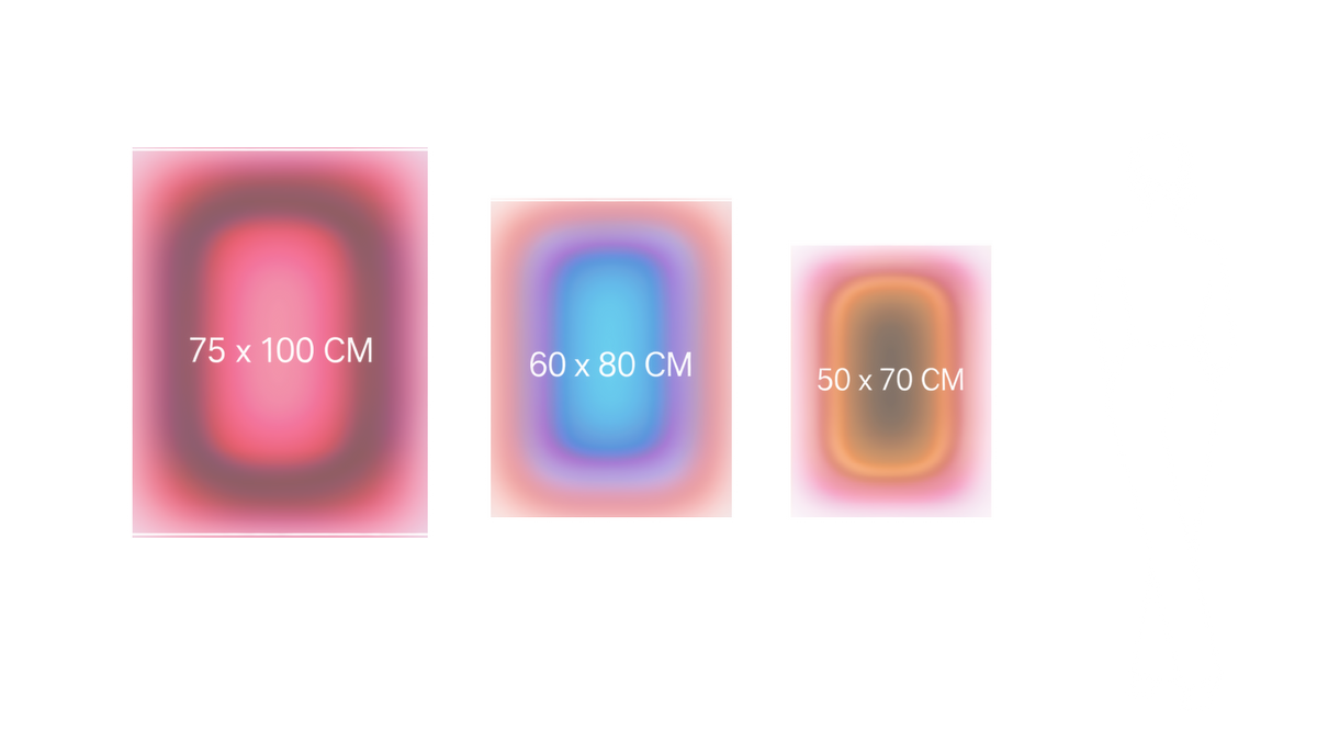 Size comparison of the acrylic glass artworks - 75 x 100 cm, 60 x 80 cm and 50 x 70 cm, shown next to a person for scale