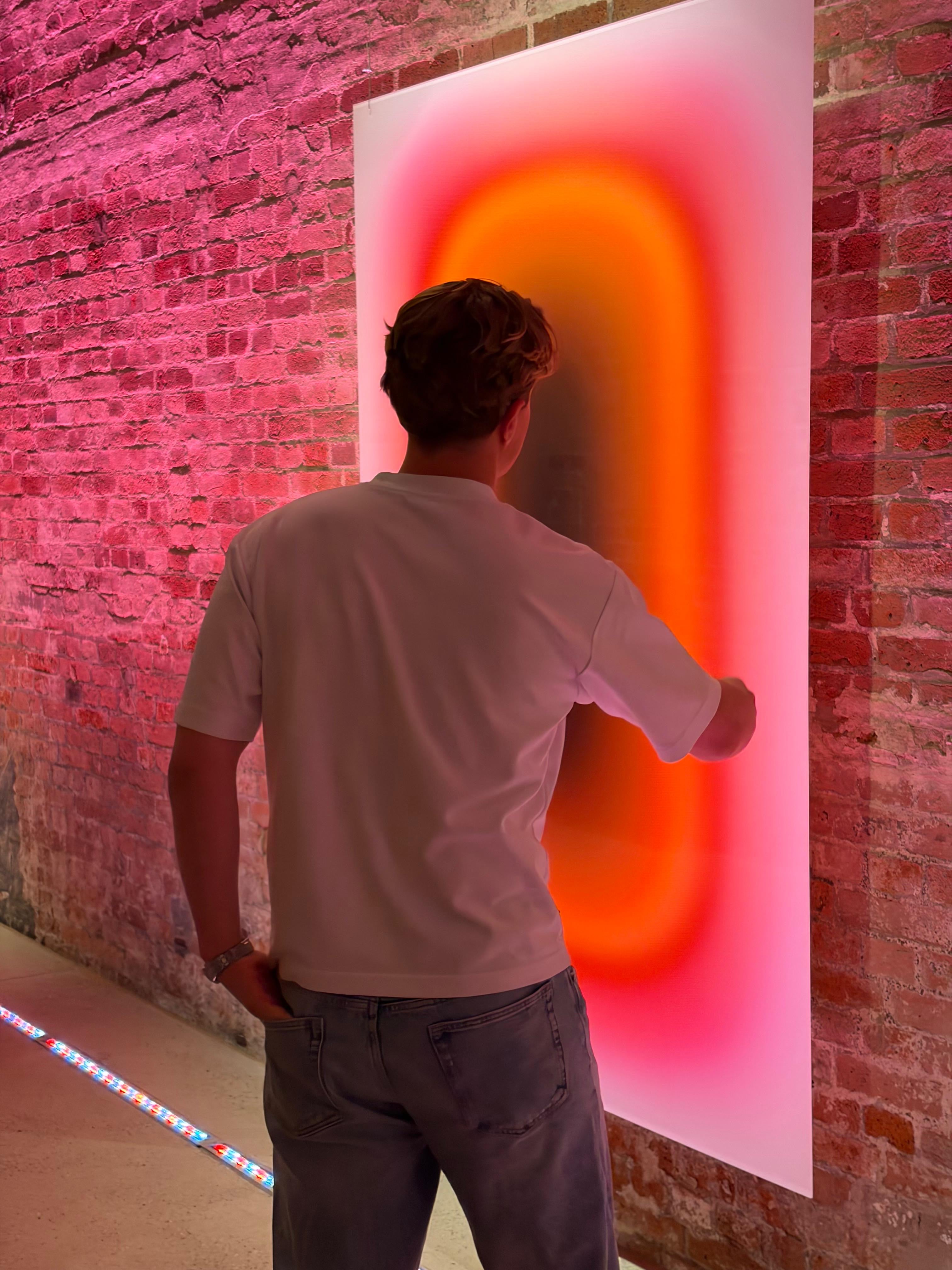 Luis West beside an ORANGE PILL artwork on the brick wall at John Reed Bötzow in Berlin