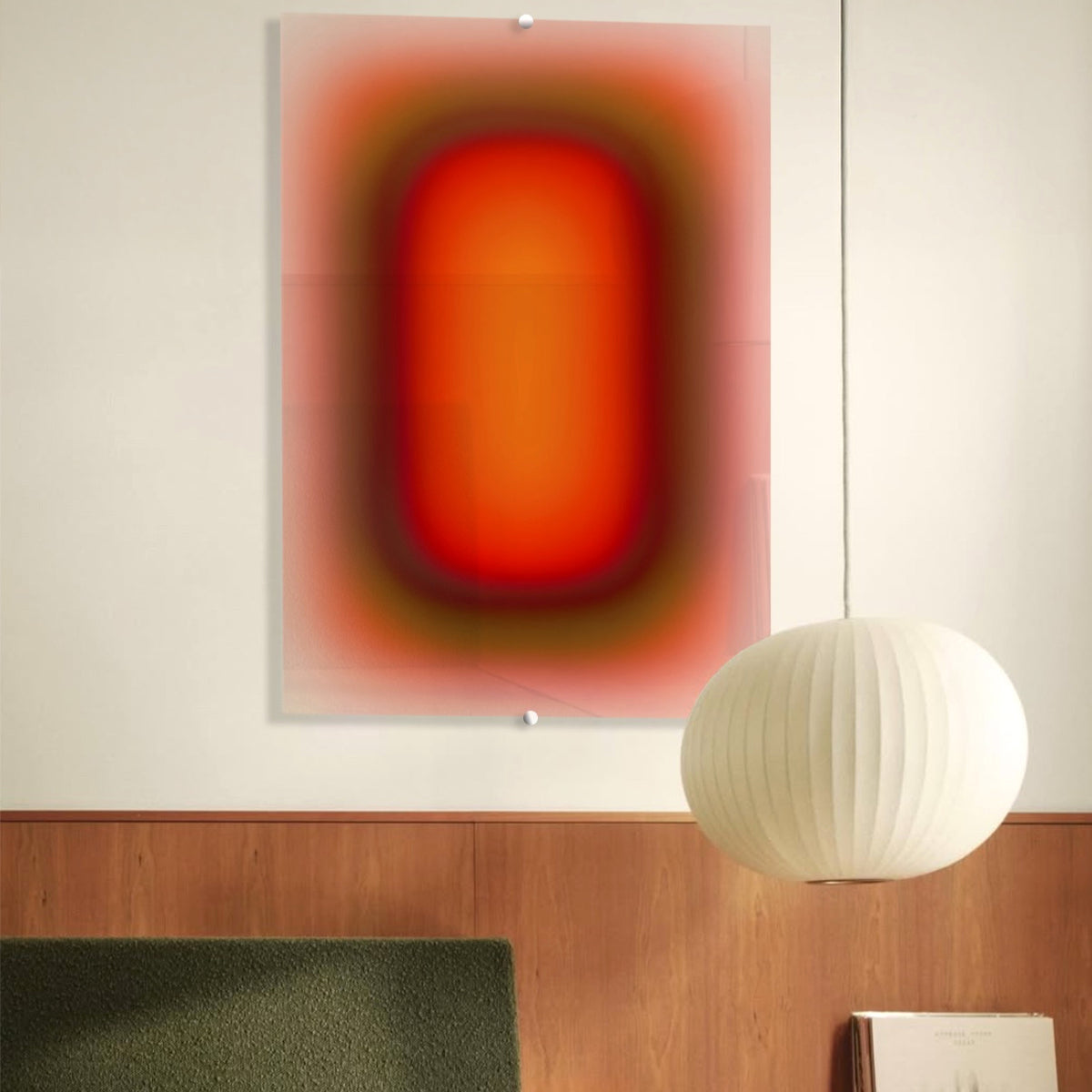 MALIBU SUNRISE PILL by Luis West above wood panelling, beside a paper pendant lamp