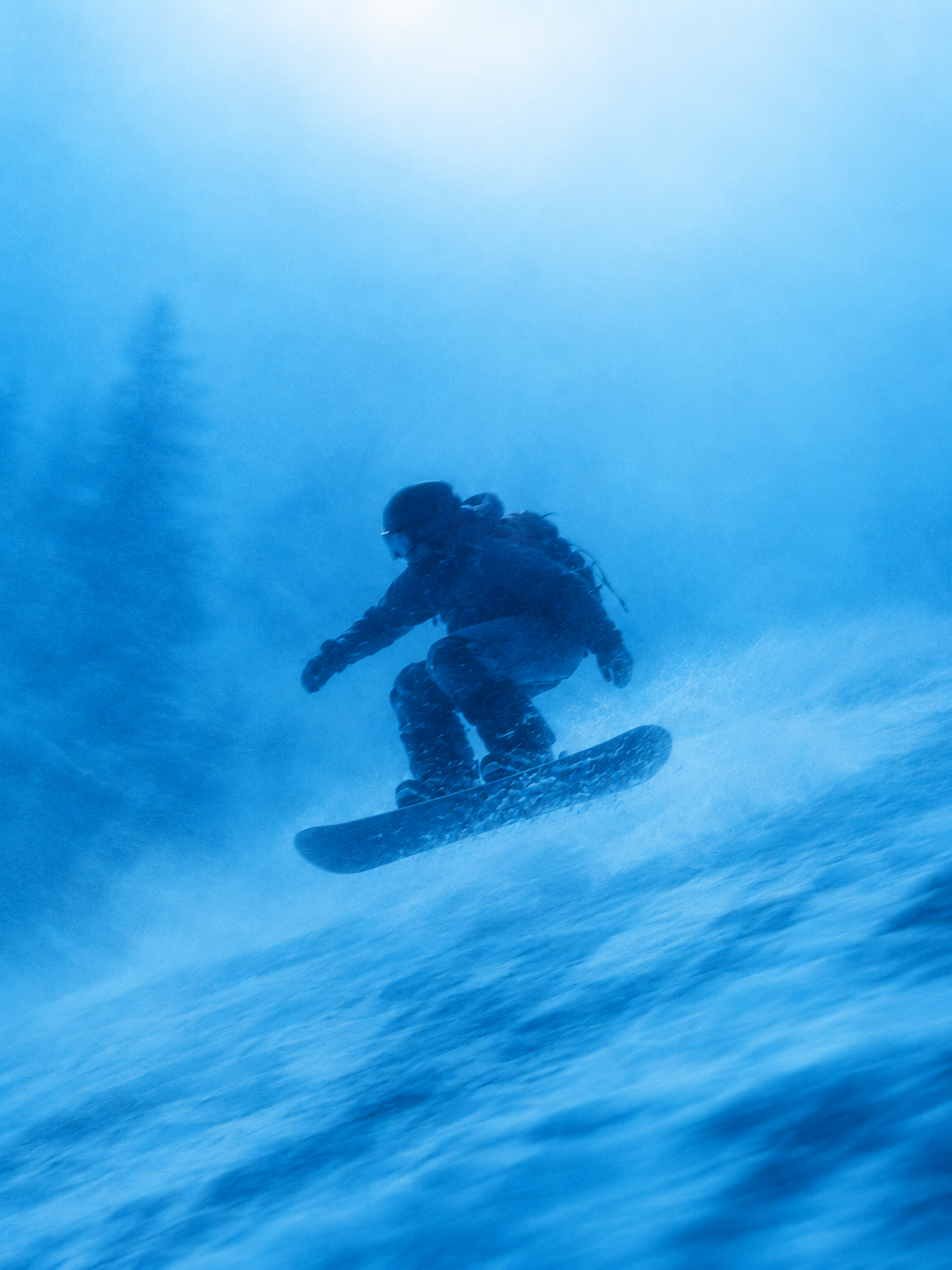 Snowboarder in blue powder, Alpine by Luis West