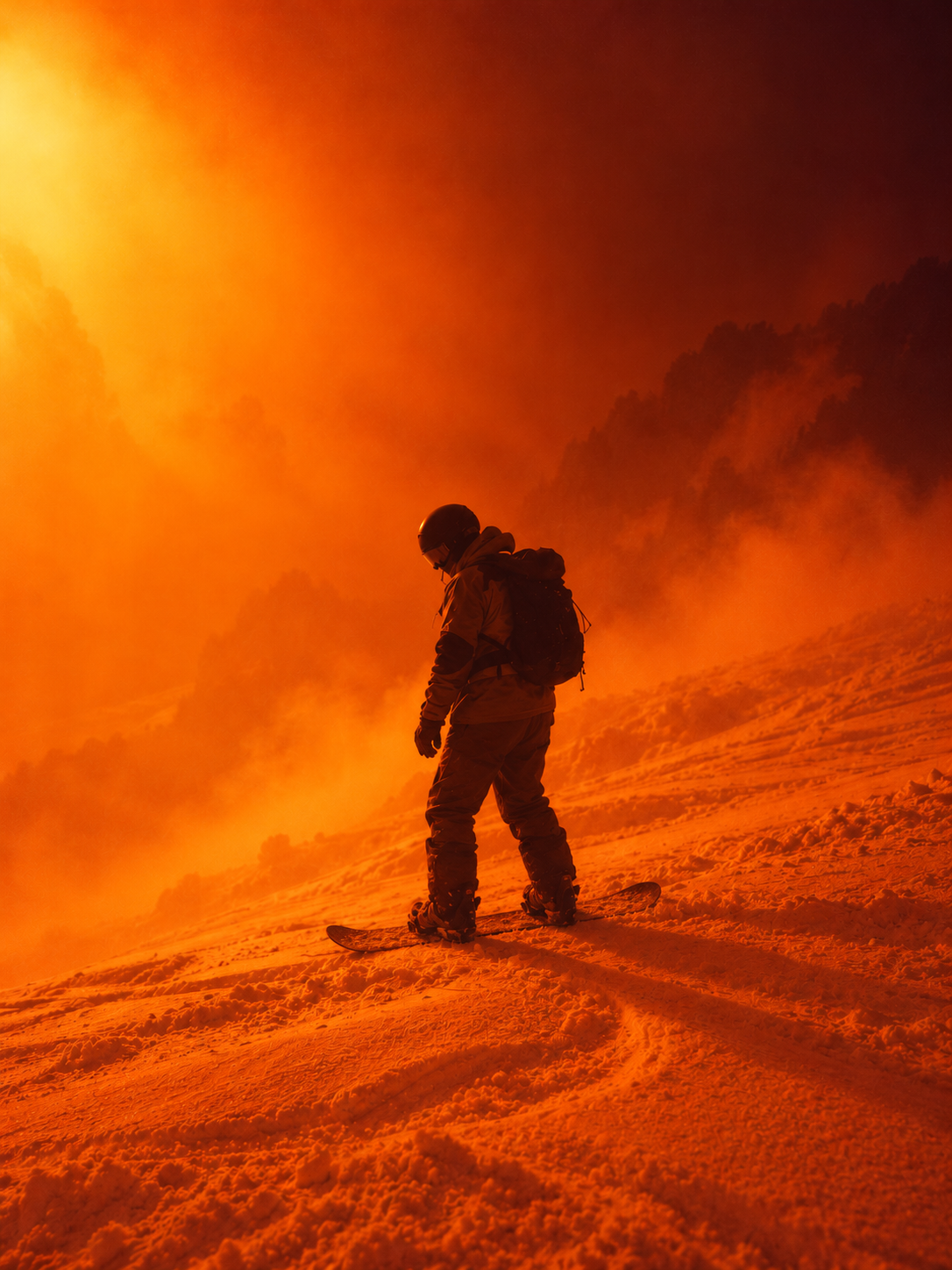 Snowboarder in orange fog at dusk, Alpine by Luis West